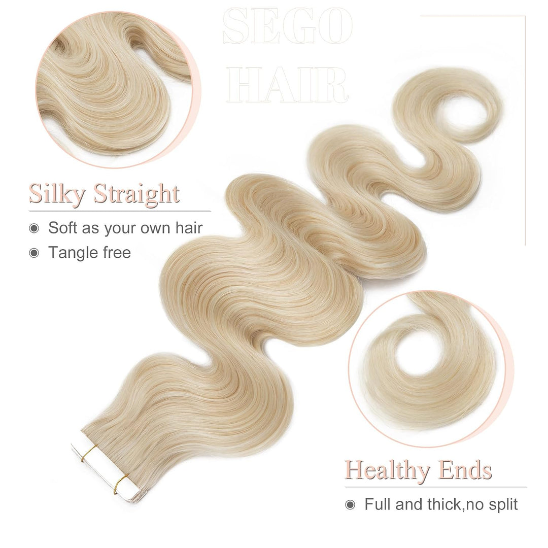 SEGO Tape Extensions Echthaar GEWELLT 12zoll/30cm 20 Stück Klebeband Haarverlängerung 100% Remy Haar