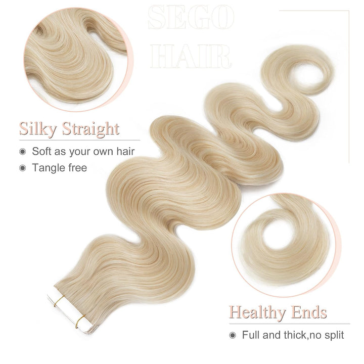 SEGO Tape Extensions Echthaar GEWELLT 12zoll/30cm 20 Stück Klebeband Haarverlängerung 100% Remy Haar