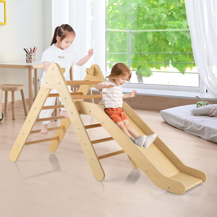 COSTWAY Kletterdreieck mit Rutsche, Klettergerüst aus Holz, Sprossendreieck zum Rutschen und Kletter