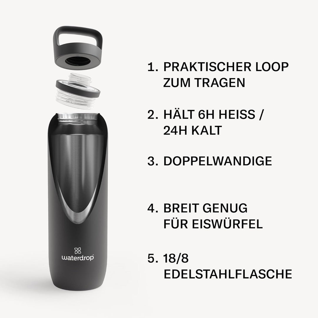 waterdrop® All Purpose Thermosflasche 1L, isolierte Edelstahl Trinkflasche, 24h kalt - 6h/12h heiss,