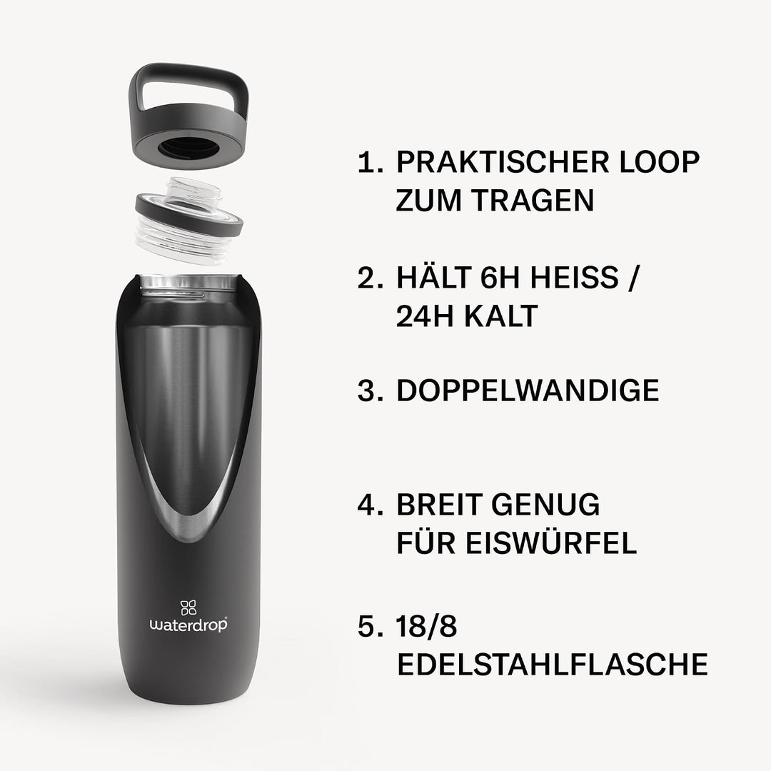 waterdrop® All Purpose Thermosflasche 1L. isolierte Edelstahl Trinkflasche. 24h kalt - 6h/12h heiss.