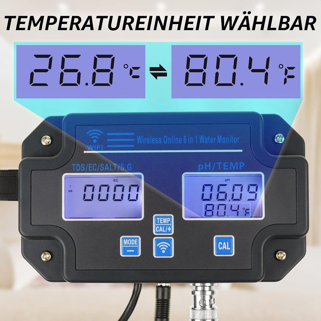 Professioneller 6-in-1-Wasserqualitätsmonitor testet pH-Wert, TDS, EC, Salzgehalt, SG, Temperatur Wi
