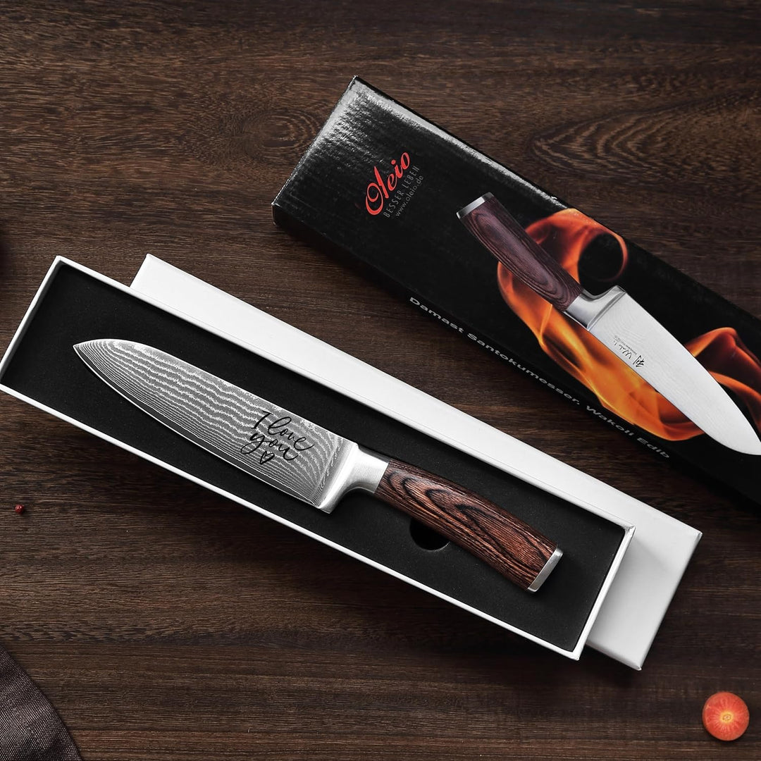 Wakoli EDIB Damastmesser Santoku Personalisiertes Geschenk I scharfe 17 cm Klinge aus 67 Lagen Damas