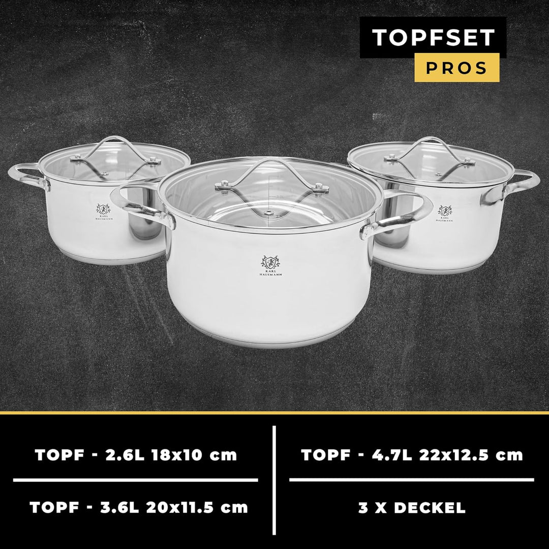 Topfset Induktion 3-teilig, Kochtopf Set mit Glasdeckel, Edelstahl mattiert, Induktions Töpfe Set un