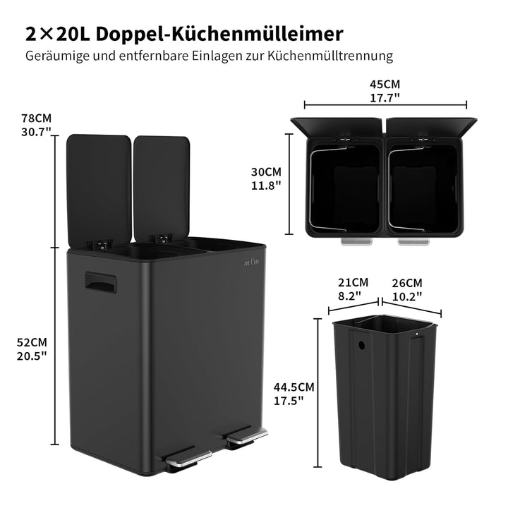 mVm Mülleimer Küche,40 Liter Treteimer,2x20L Doppelter Abfalleimer 2er-Mülleimer Mülltrennung mit In