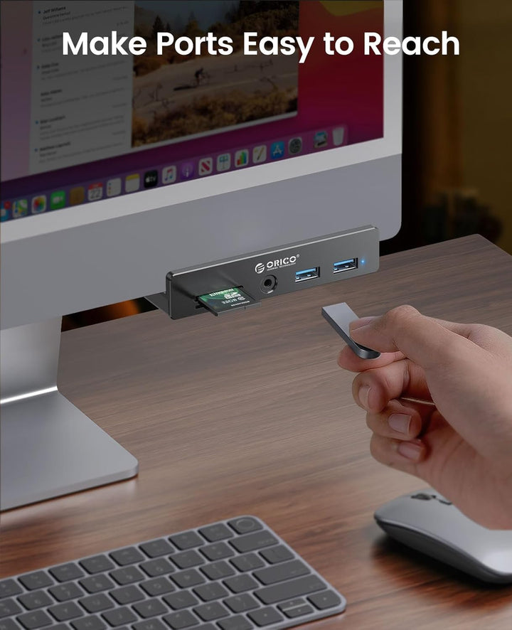 ORICO Clip-Typ USB Hub mit SD/TF Kartenleser, 5 in 1 USB Hub 3.0 mit 2 Typ A 3.0 Ports, 3.5 mm Audio
