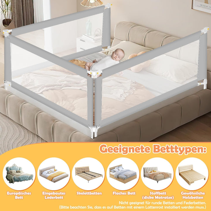 Bettgitter Rausfallschutz 200CMx2+180CMx1 Klappbar mit U-förmiger Basis, Bettschutzgitter Kinderbett