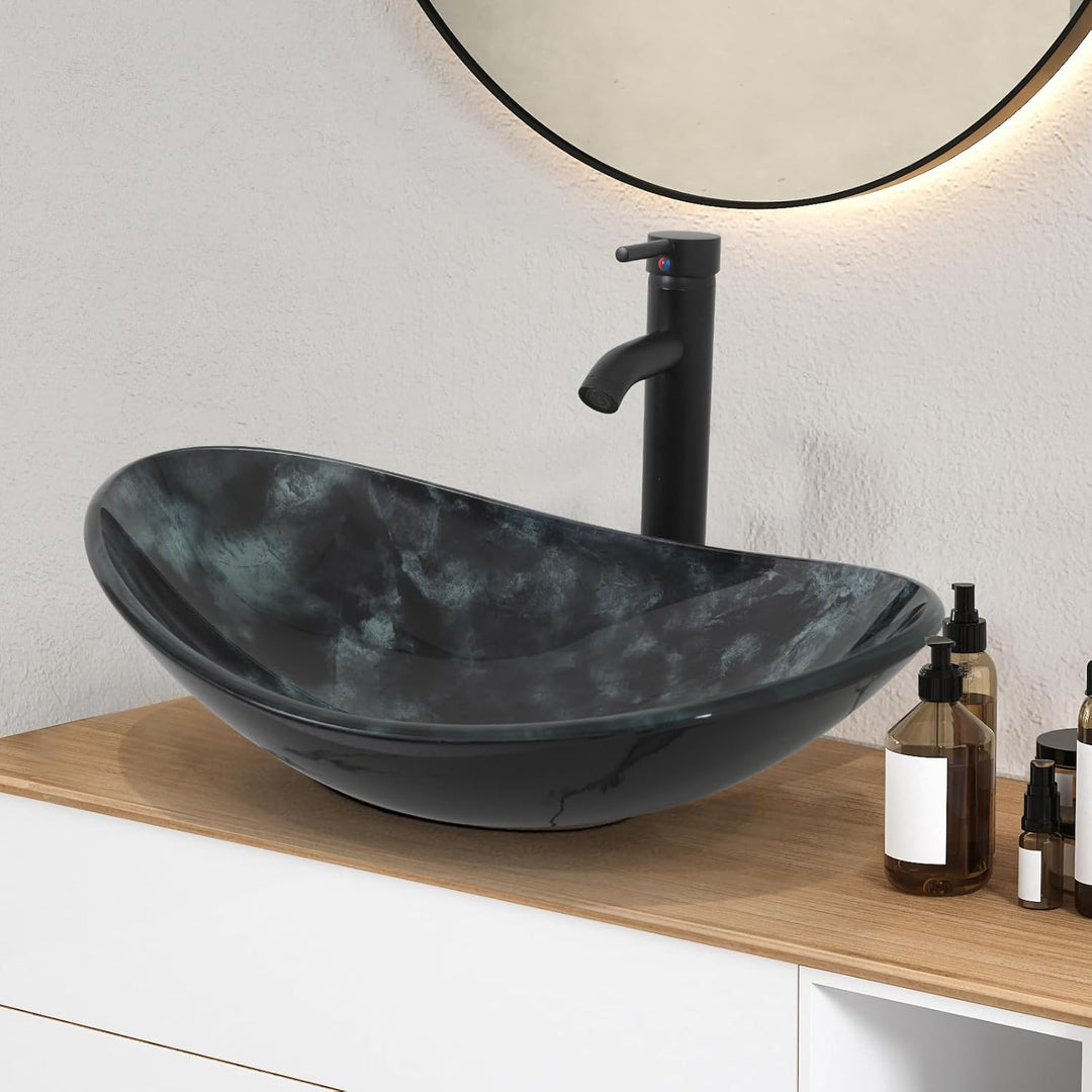 YU YUSING Waschbecken Glas Aufsatzwaschbecken Oval mit Wasserhahn Set, Waschtisch für Badezimmer Küc