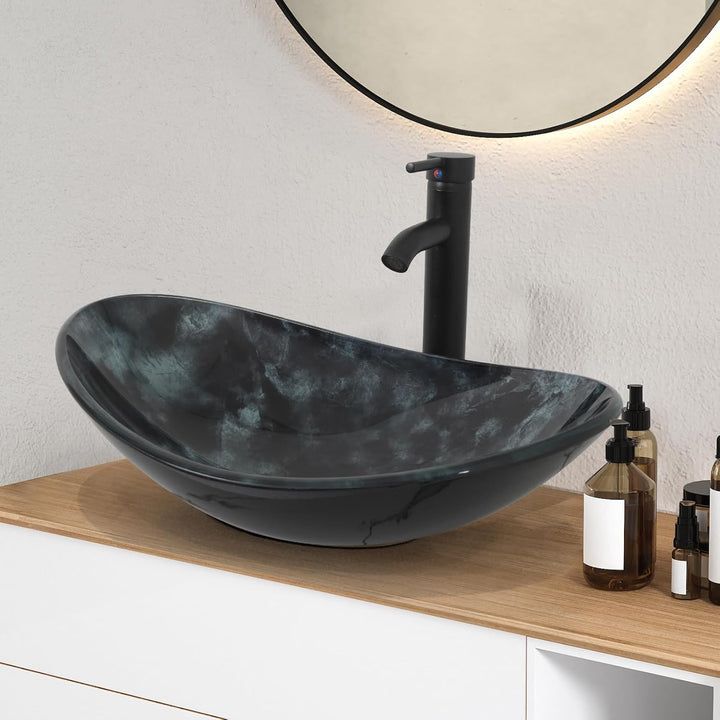YU YUSING Waschbecken Glas Aufsatzwaschbecken Oval mit Wasserhahn Set, Waschtisch für Badezimmer Küc