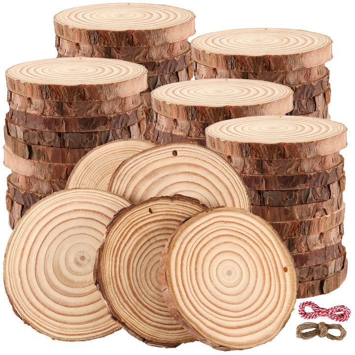 50 Stück 10cm Holzscheiben mit Loch und Juteschnur, Baumscheiben Rund Klein, unlackierte Holzkreise
