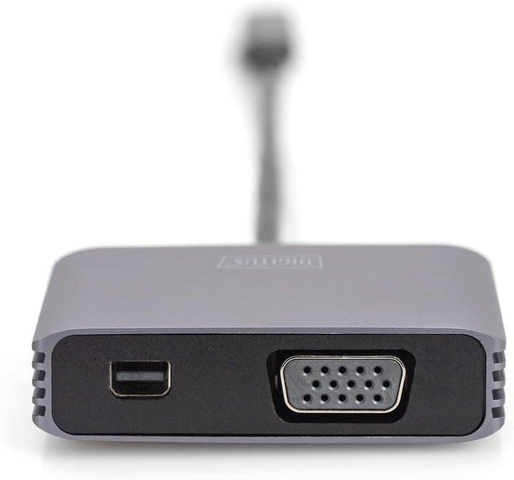 DIGITUS USB-C - Mini DP + VGA Adapter, 20 cm 4K/30Hz, Silber, Aluminium Gehäuse