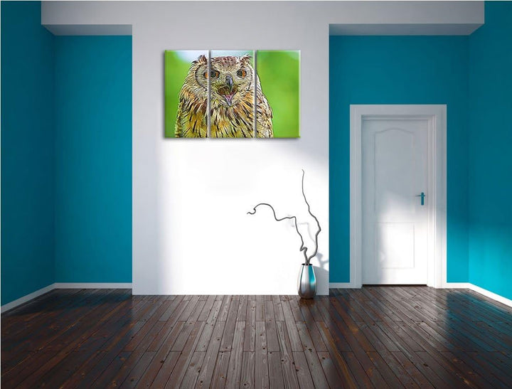 grosse Waldeule gähnt NewArt 3-Teiler Leinwandbild 120x80 Bild auf Leinwand, XXL riesige Bilder fert