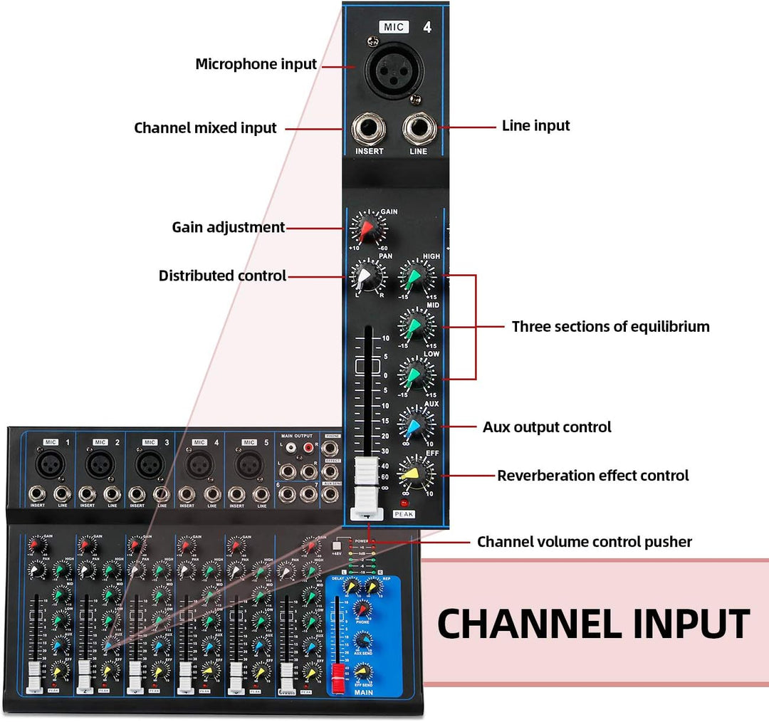 Depusheng HT7 Tragbarer Bluetooth-Audio-Mixer mit USB-DJ-Sound-Mischpult MP3-Buchse 48-V-Stromversor