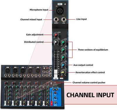 Depusheng HT7 Tragbarer Bluetooth-Audio-Mixer mit USB-DJ-Sound-Mischpult MP3-Buchse 48-V-Stromversor