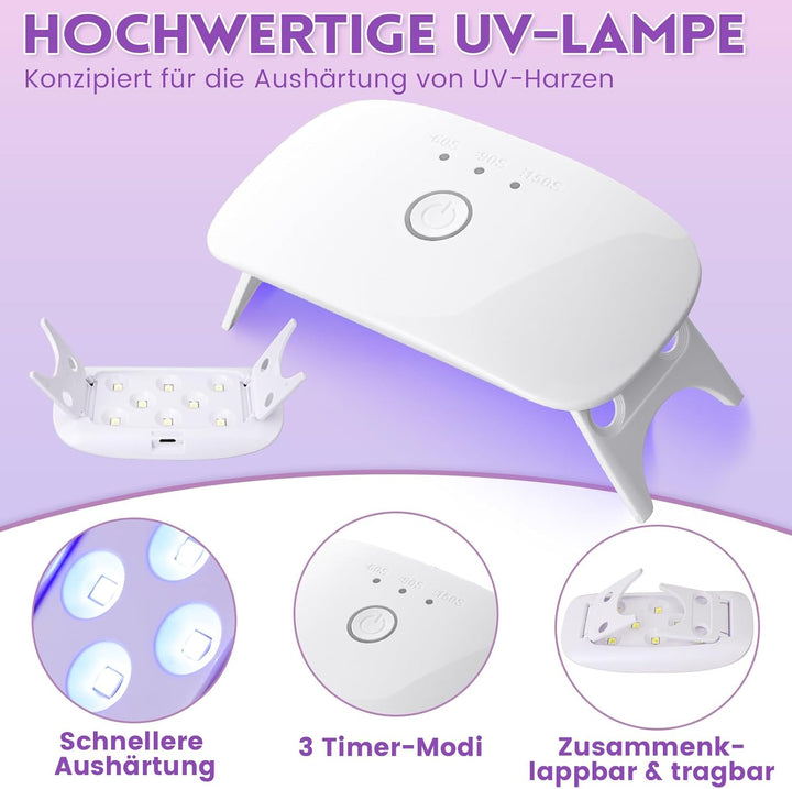 LET'S RESIN UV Resin Set mit UV Lampe, 153Pcs UV Kleber mit Lampe Set, UV Harz Set für Schlüsselanhä