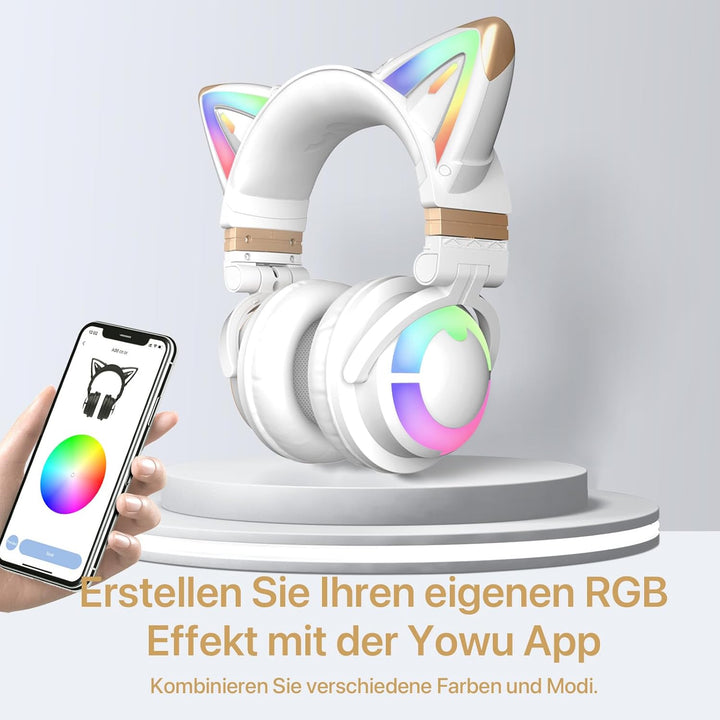 YOWU RGB Cat Ear Kopfhörer 3G Wireless 5.0 Faltbares Gaming-Headset mit 7.1 Surround Sound, integrie