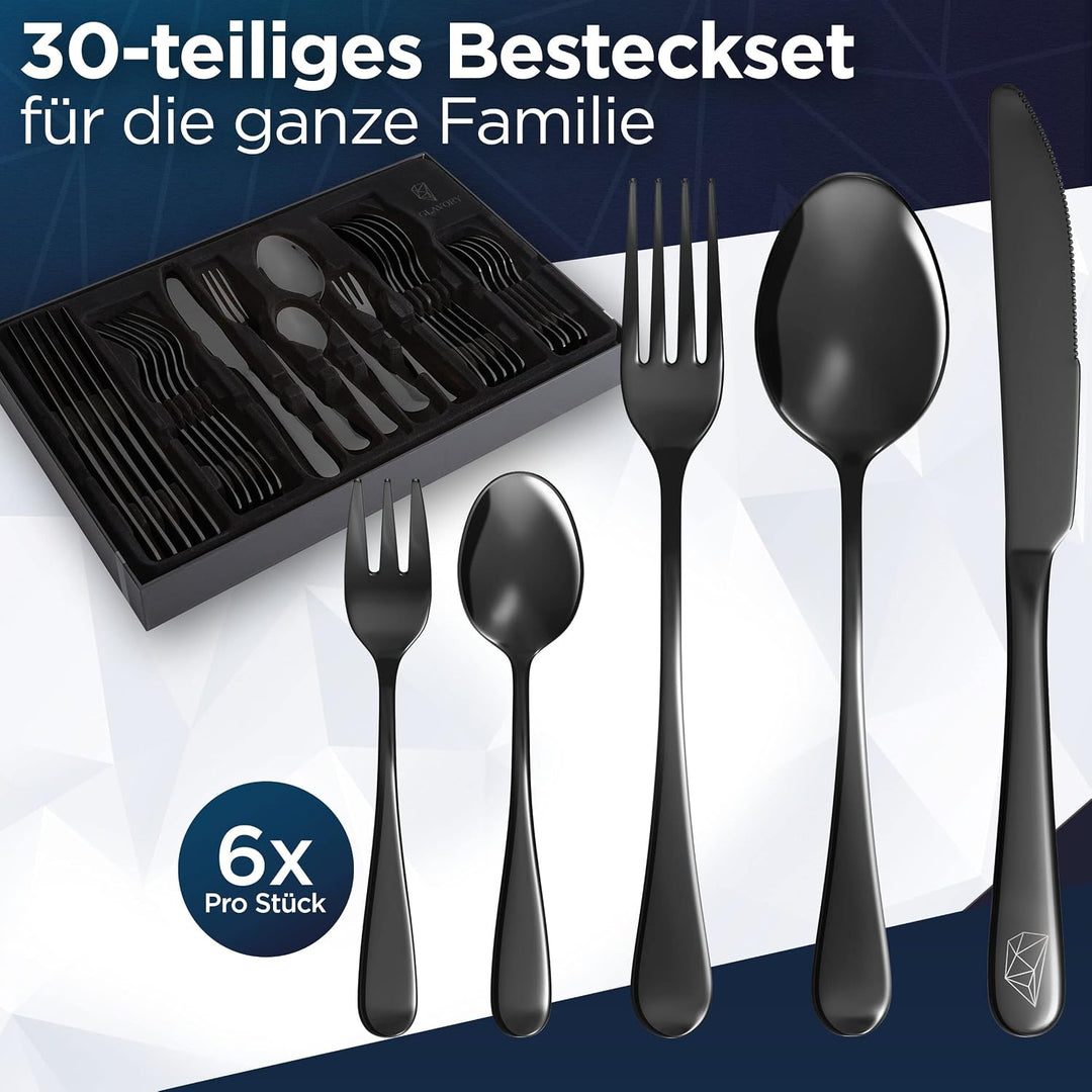 Glavory - Besteck Set 6 Personen Schwarz Hochglanz - 30teilig - Besteckset Spülmaschinenfest aus ros