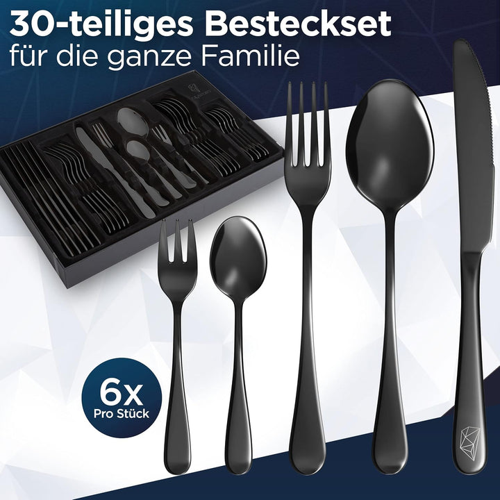 Glavory - Besteck Set 6 Personen Schwarz Hochglanz - 30teilig - Besteckset Spülmaschinenfest aus ros