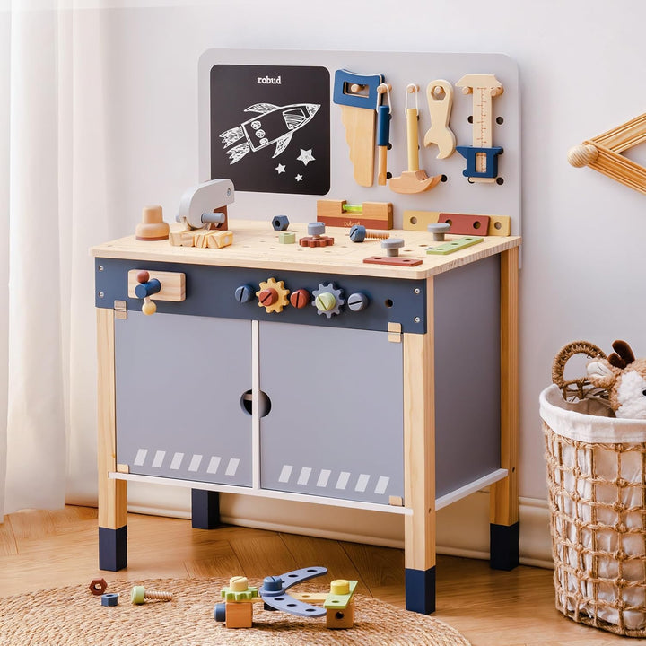 ROBUD Holzspielzeug Werkbank, Grosses Kinder Holz Spielwerkzeug, Pretend Play Creative Building Set,