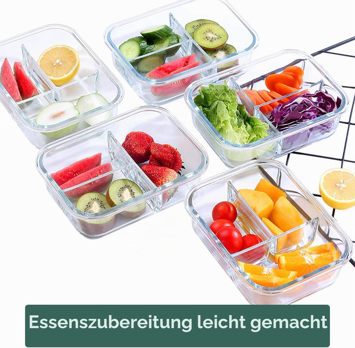 Glasbehälter mit Deckel Meal Prep Boxen Glas 3 Fächer (5Stück, 1040ml) Meal Prep Boxen Glas mit Tren