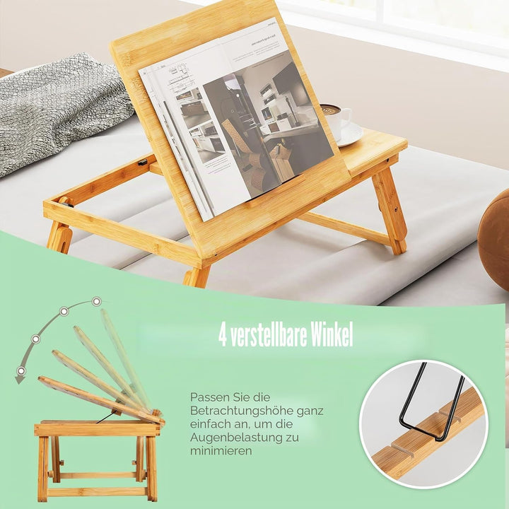LIFEZEAL Laptoptisch Bambus fürs Bett, Höhenverstellbarer &amp; Klappbarer Betttisch, Tragbarer Betttabl