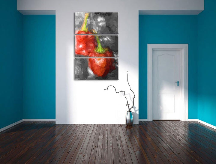 kleine scharfe Chilischoten schwarz/weiss Deluxe 3-Teiler Leinwandbild 120x80 Bild auf Leinwand, XXL