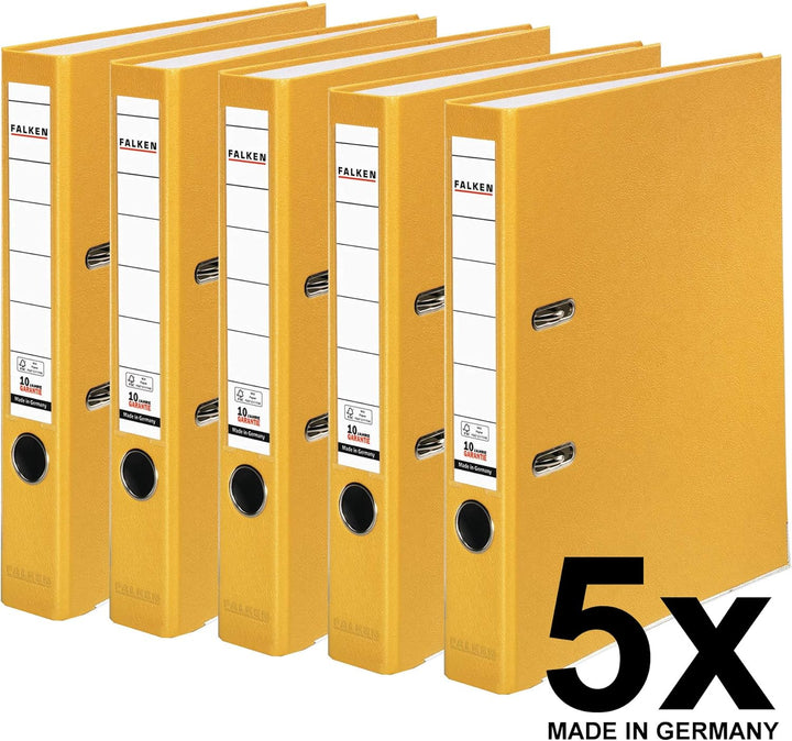 Original Falken 5er Pack PP-Color Kunststoff-Ordner. Made in Germany. 5 cm schmal DIN A4 gelb Vegan