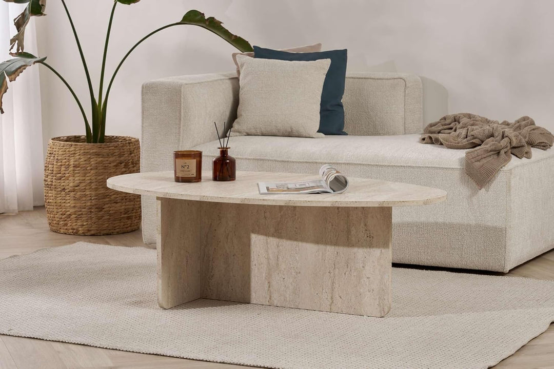 Stilvoller Couchtisch, Travertine-Farbe, 120 x 40 x 65 cm | 100% melaminbeschichtete Spanplatte, 18