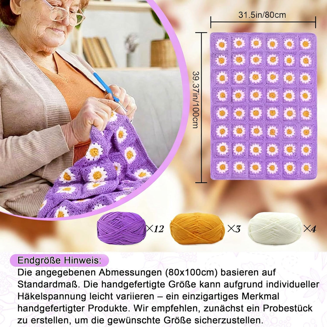 Haayymo Granny Square Decke Häkelset für Anfänger Kinder, Starter Häkelset mit Häkelnadeln, 5 Ply Hä