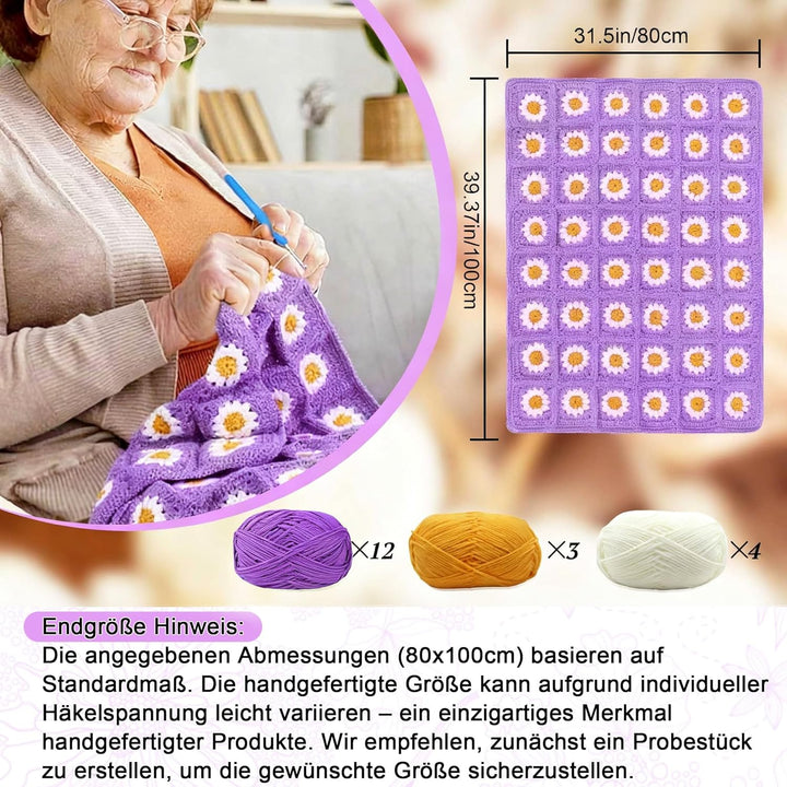 Haayymo Granny Square Decke Häkelset für Anfänger Kinder, Starter Häkelset mit Häkelnadeln, 5 Ply Hä