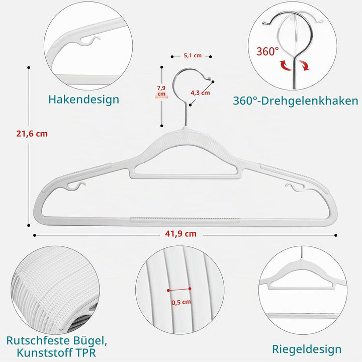 30 Stück Kleiderbügel, Rutschfester Kunststoffbügel, Platzsparender Bügel, 360° Drehbarer Haken, Dic
