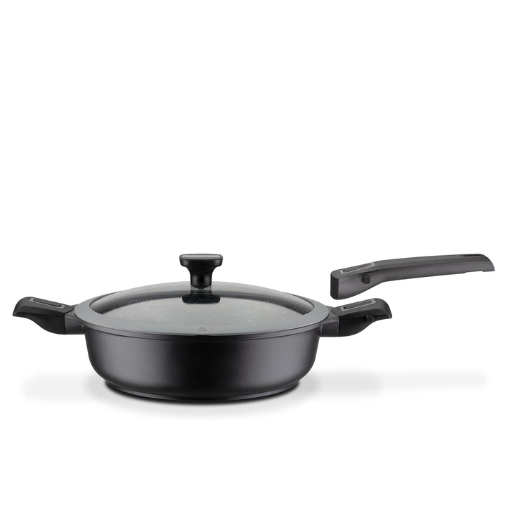 GSW 167833 Schmorpfanne Easy Click 28cm mit Glasdeckel 5-tlg. und abnehmbaren Griffen, Aluminium, Ku