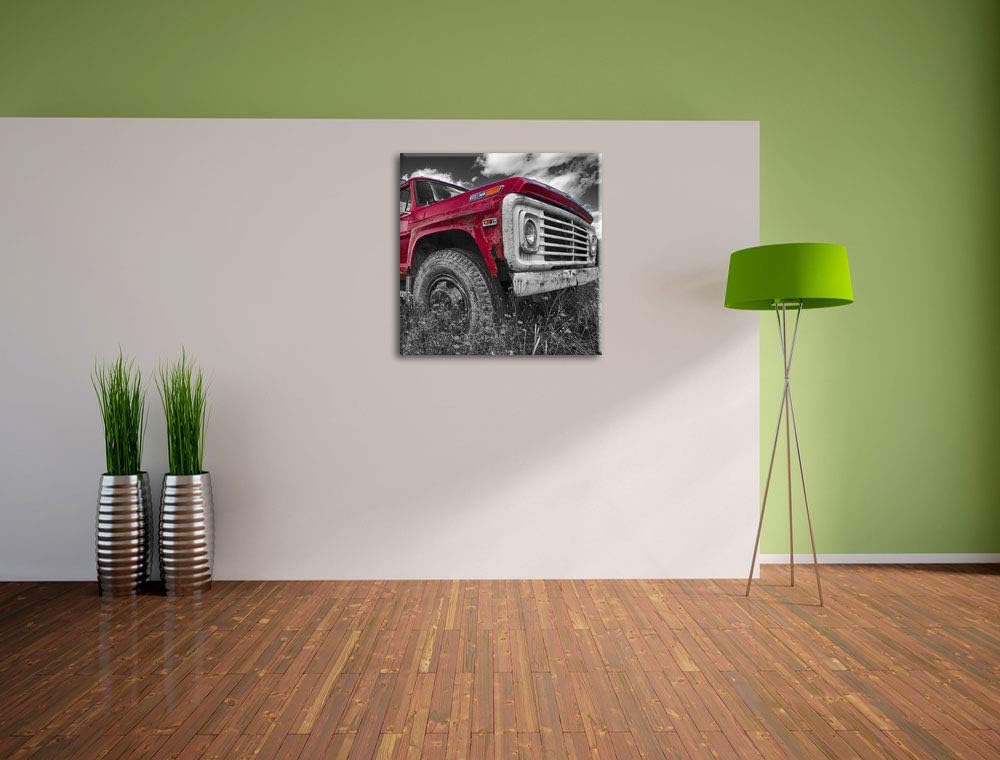 Pixxprint Truck in USA auf Blumenwiese 70x70cm Leinwandbild Wandbild Kunstdruck, 70x70
