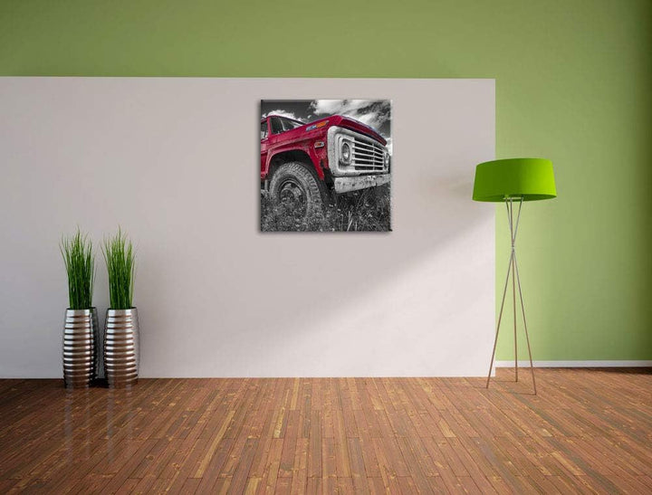 Pixxprint Truck in USA auf Blumenwiese 70x70cm Leinwandbild Wandbild Kunstdruck, 70x70