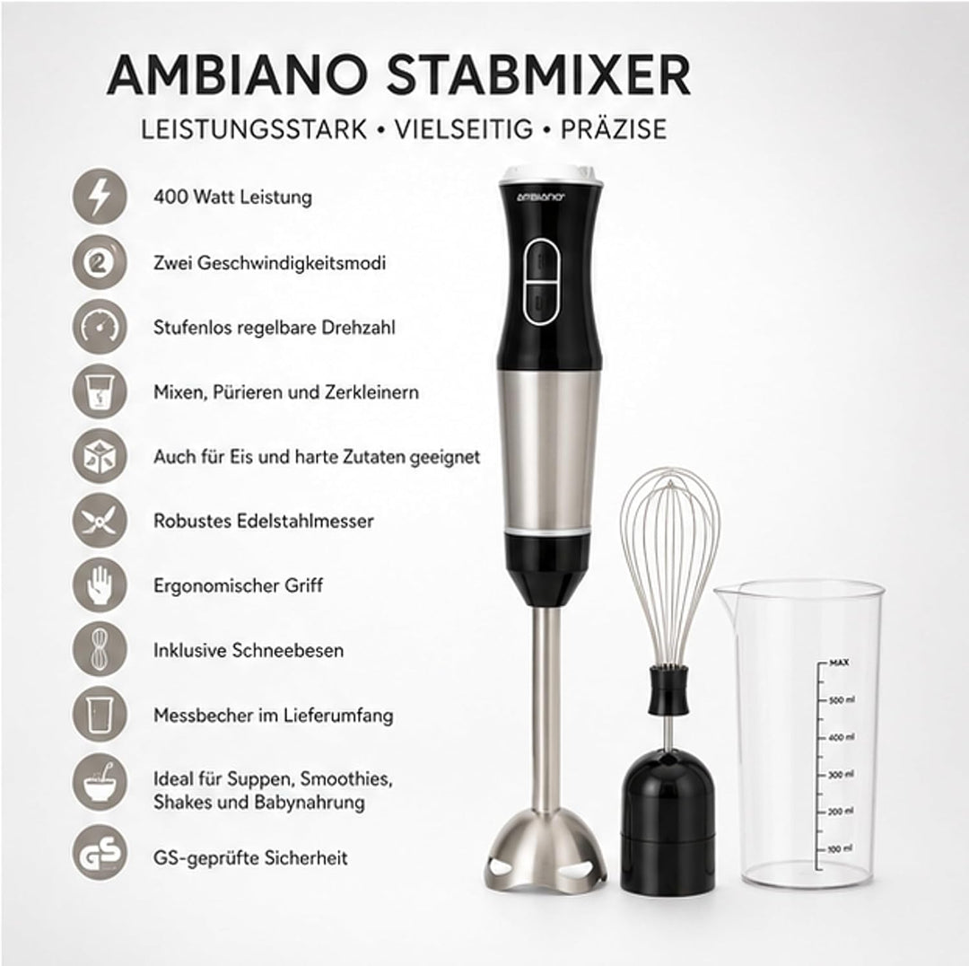 Stabmixer Edelstahl - Pürierstab elektrisch GS-Zeichen, inkl. Schneebesen & Messbecher, 400 Watt Lei