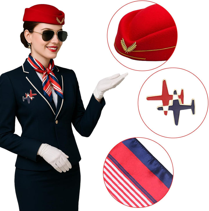Professionelles Flugbegleiter-Kostüm für Damen, Stewardess-Thema, Karnevalskostüm mit Hut, Schal, Ha