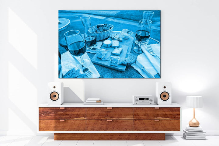 deyoli appetitliches Wein und Käse Buffet Format 80x60 Effekt: Monocrome Blau als Leinwandbild, Moti