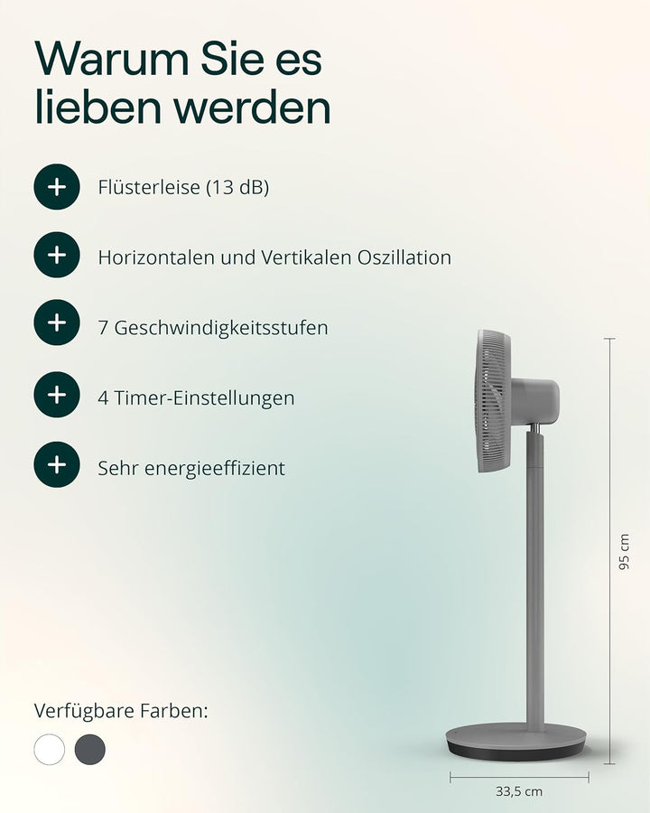 Duux Whisper Essence Standventilator sehr Leise - 120° Oszilation - 7 Geschwindigkeitsstufen - 8-std