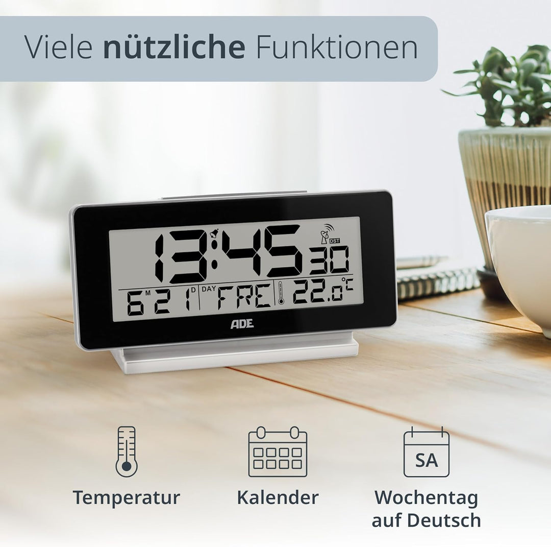 ADE Funkwecker digital mit Batterie | Tischuhr mit Temperaturanzeige, Beleuchtung, Schlummerfunktion