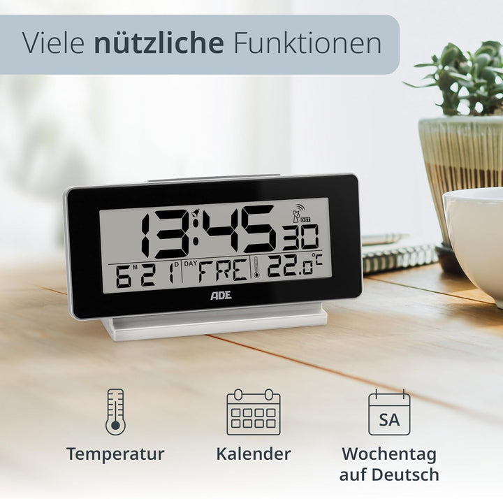 ADE Funkwecker digital mit Batterie | Tischuhr mit Temperaturanzeige, Beleuchtung, Schlummerfunktion