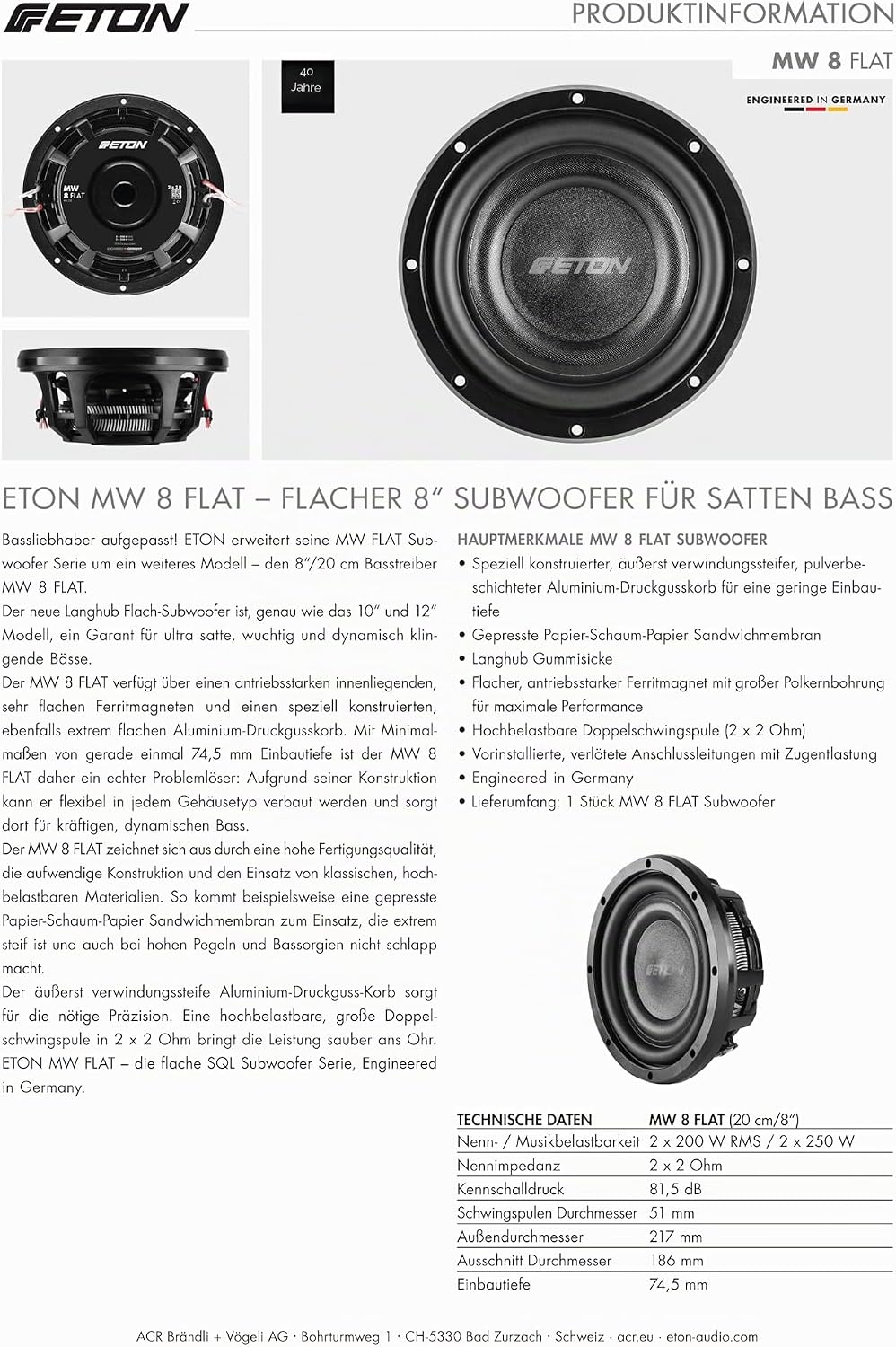 ETON MW 8 Flat – Ultra-Flacher 20 cm / 8" Auto Subwoofer, Langhub Bass, 2 x 2 Ohm Doppelschwingspule