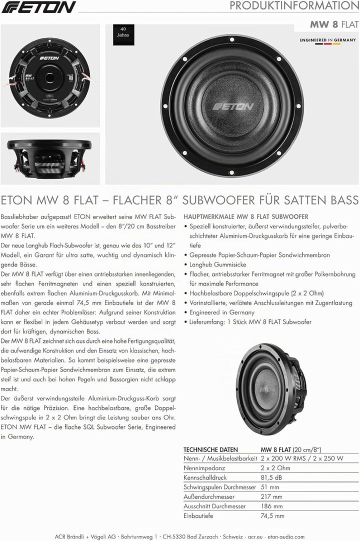 ETON MW 8 Flat – Ultra-Flacher 20 cm / 8" Auto Subwoofer, Langhub Bass, 2 x 2 Ohm Doppelschwingspule