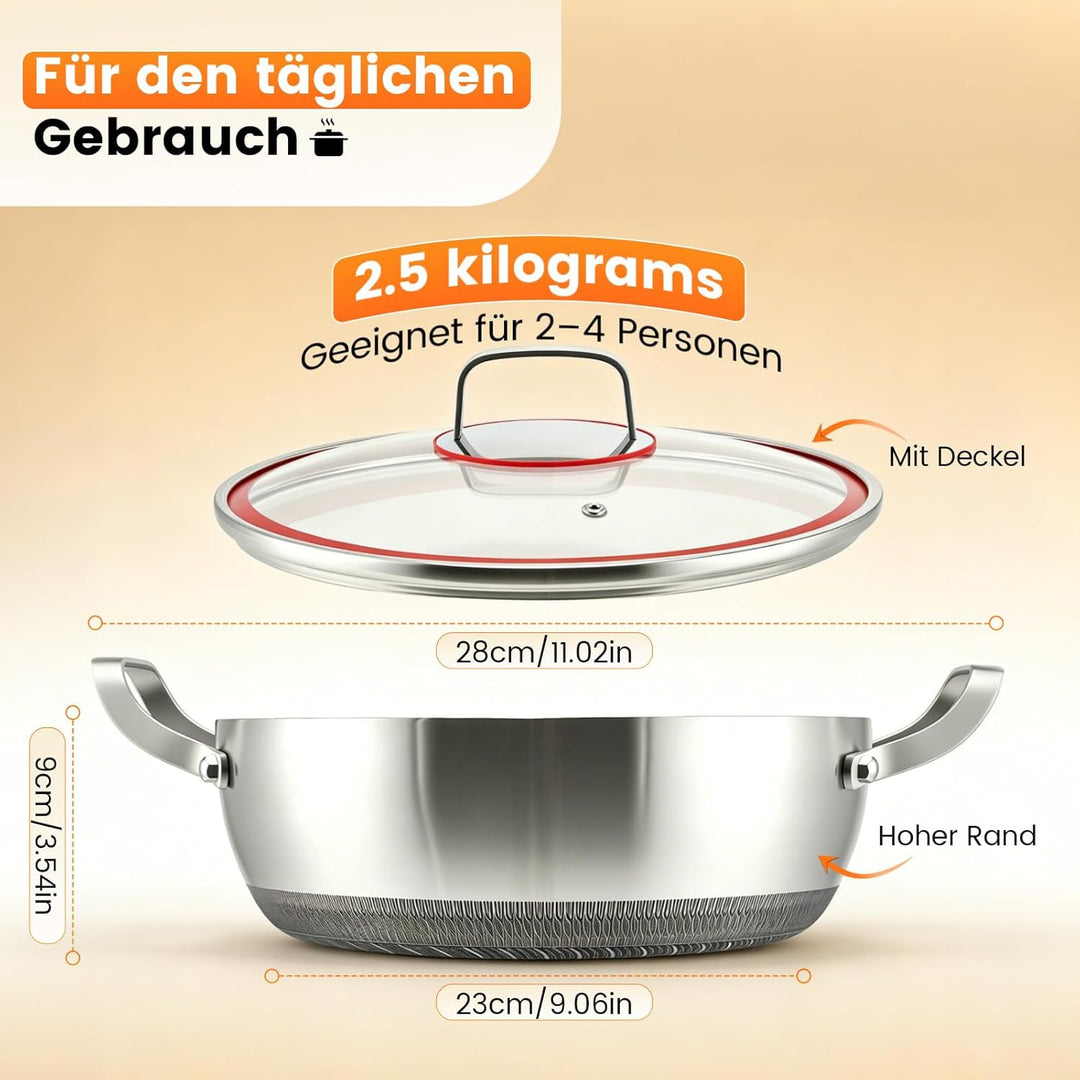 Schmorpfanne hoher Rand, Pfanne mit Deckel aus Glas,Wabenpfanne mit kratzfester Antihaftbeschichtung