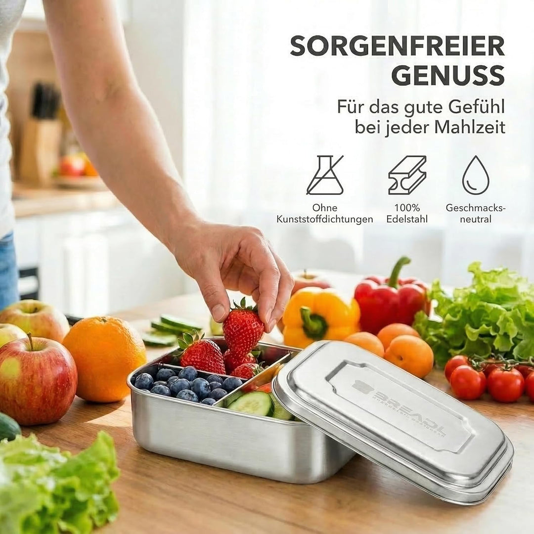 Edelstahl Brotdose, Feste Trennwand und 3 Fächer, Plastikfrei, Rostfrei, Spülmaschinengeeignet, Klei
