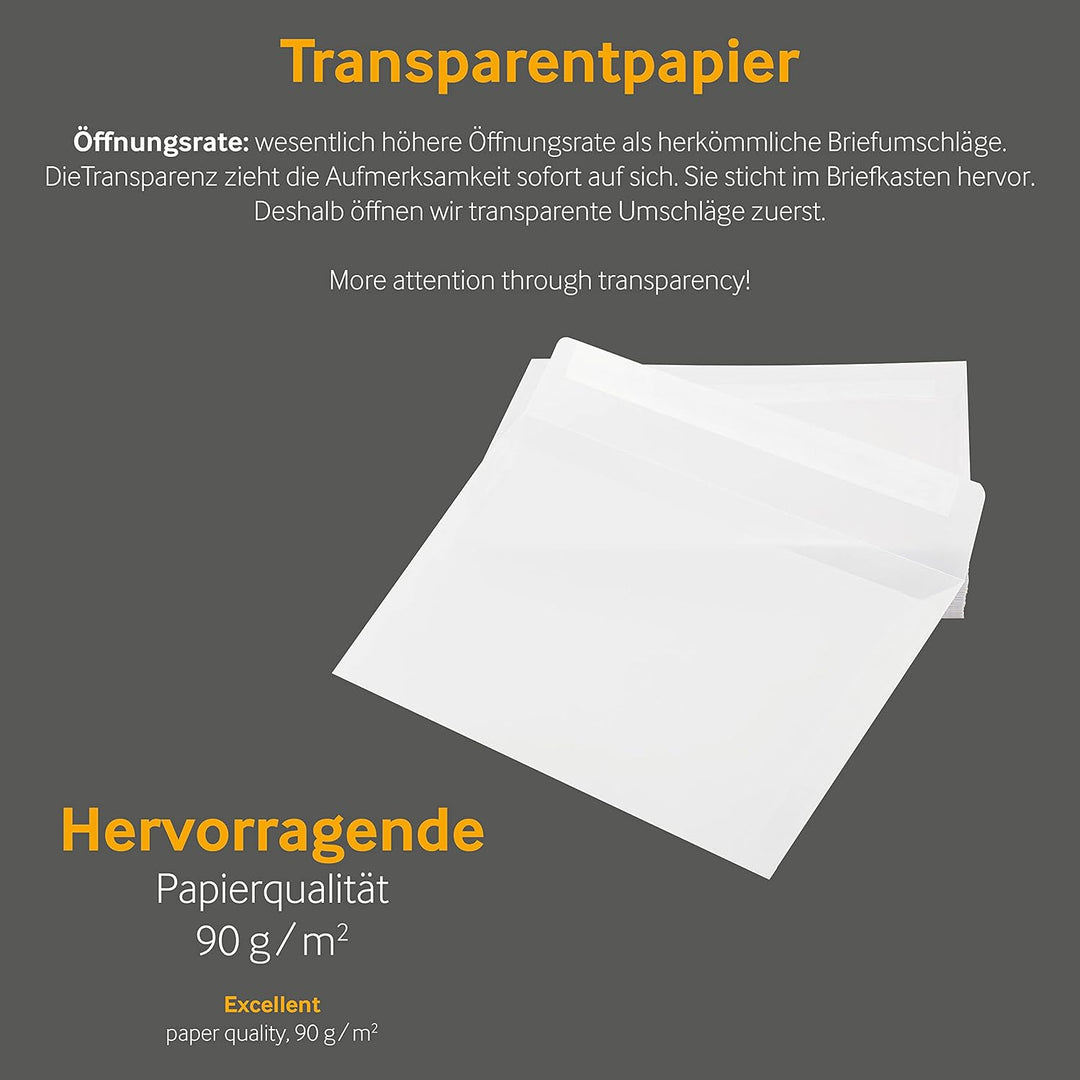 Transparente Briefumschläge, 162 x 229 mm (DIN C5), Weiss, 100 Stück, Haftklebung mit Abziehstreifen