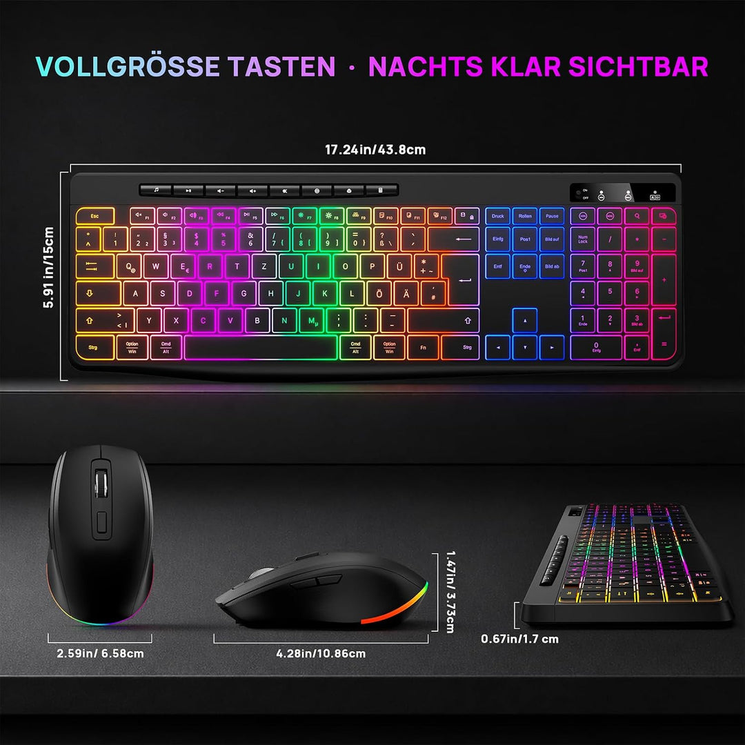 TECURS Tastatur Maus Set Kabellos, QWERTZ mit Multimedia für Windows &amp; Mac