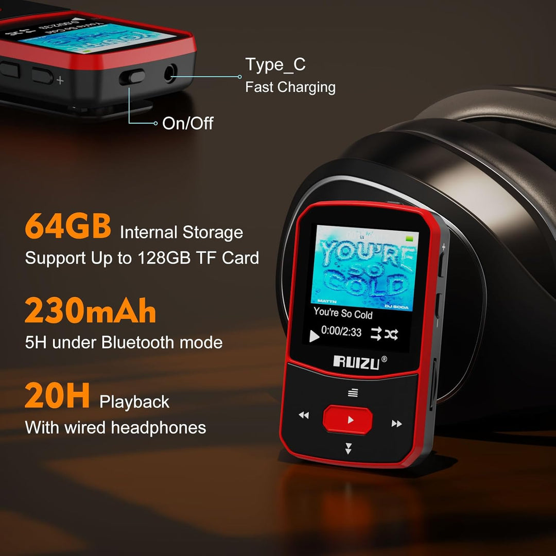 64GB MP3 Player Bluetooth 5.3 Sport mit 1.5 Zoll TFT Farbbildschirm, Mini Musik Player mit Clip, Lau