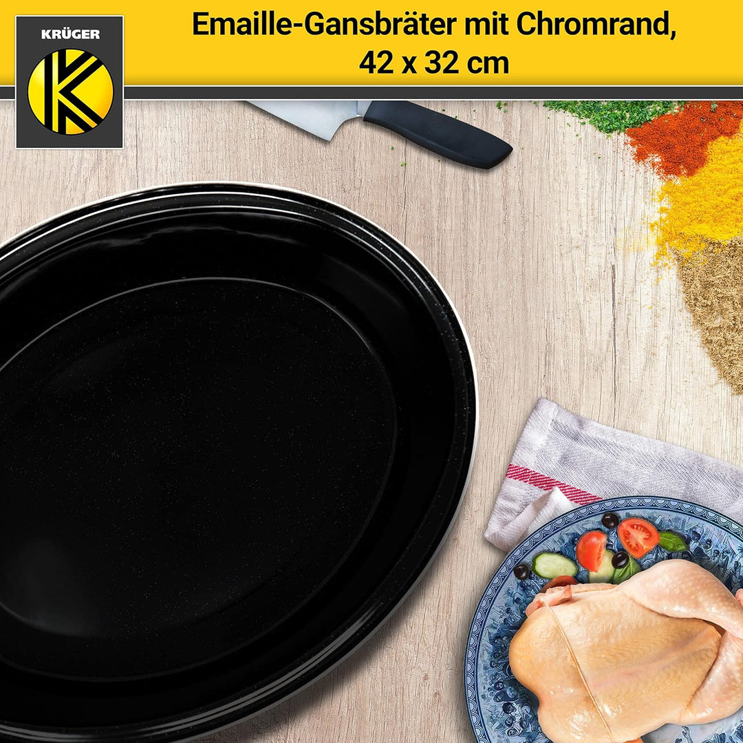 Krüger Emaille-Gansbräter mit Tropfdeckel - hochwertiger Bräter - für alle Herdarten geeignet - herv