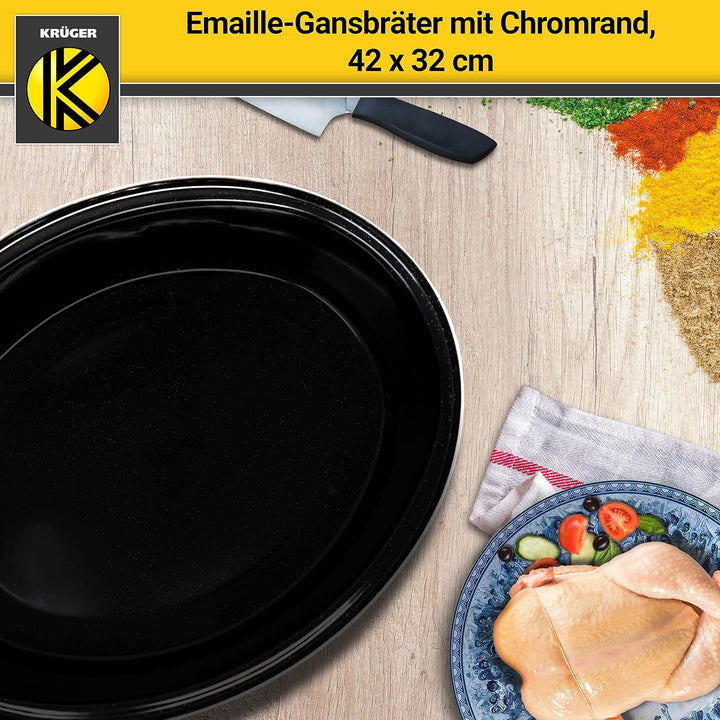 Krüger Emaille-Gansbräter mit Tropfdeckel - hochwertiger Bräter - für alle Herdarten geeignet - herv