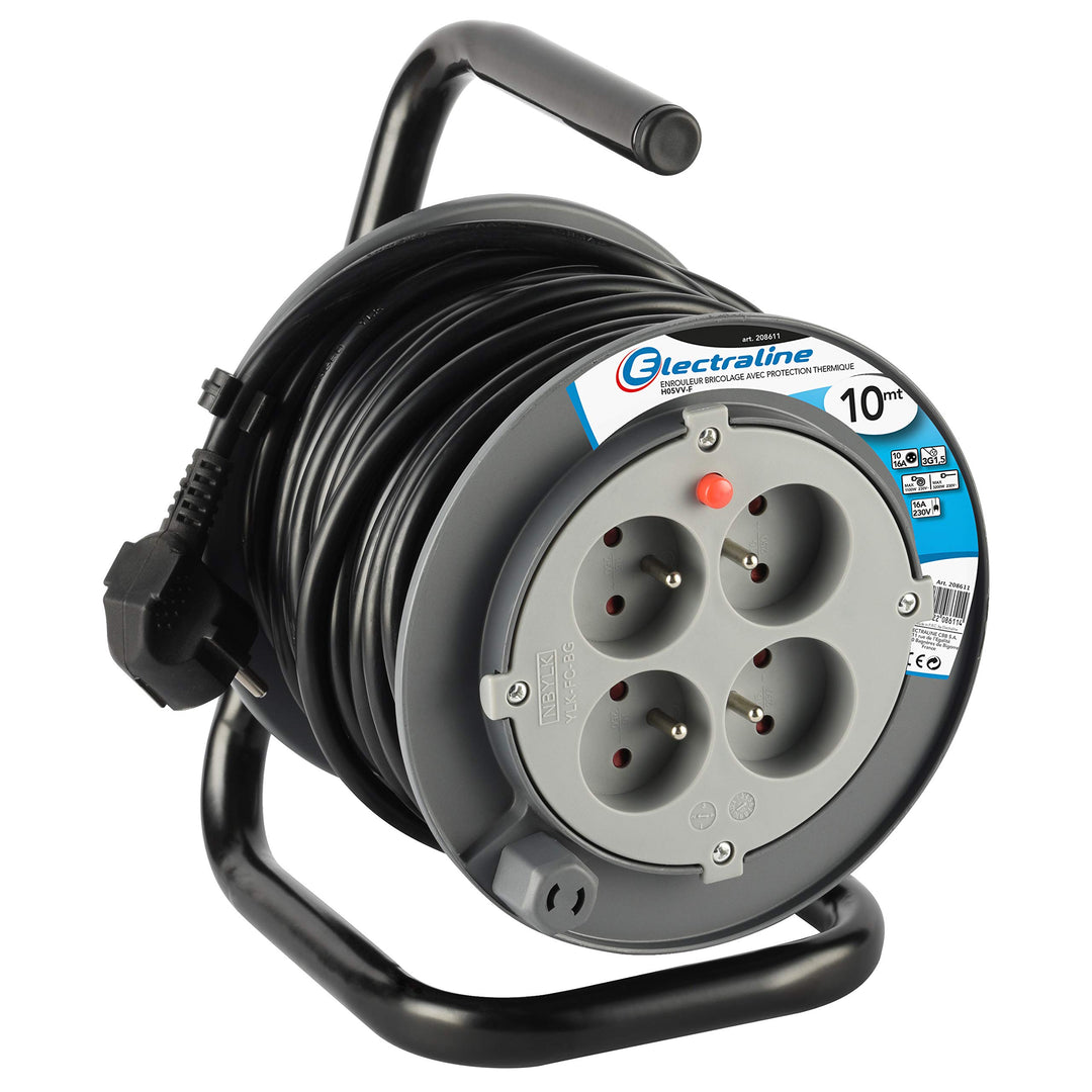 Electraline 208611 PROLONGATEUR Elektrische 10 m mit Kabeltrommel (Stromkabel, 4 Steckdosen 16 A Abs